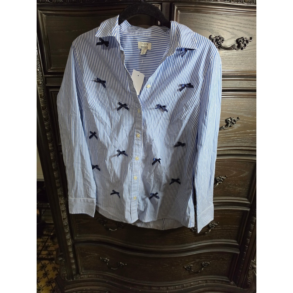 J.Crew Blue White Striped Bow Applique Cotton Blend Button Down Shirt CP808 S